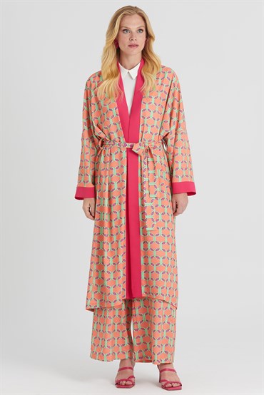 Ghisa Desenli Kimono Takım MERCAN DESENLİ