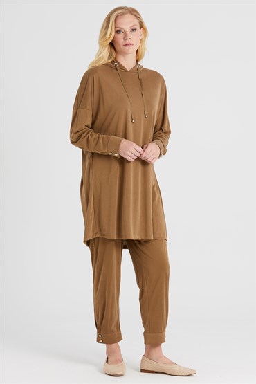 Ghisa Kapşonlu Tunik Pantolon Takımı CAMEL
